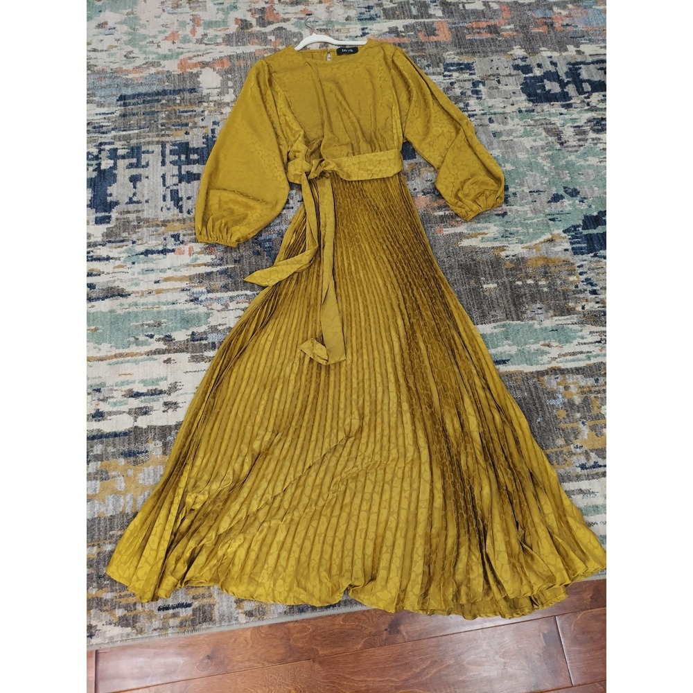 Fabrik Mustard Yellow Floral Jacquard Pleated Maxi Dress L Romantic Bohemian